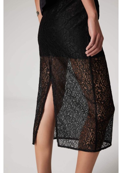 Sorbe x DeFacto Fermuarlı Dantel Kumaş Basic Düz Yırtmaçlı Midi Siyah Kalem Etek E0922Ax24AU