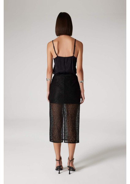 Sorbe x DeFacto Fermuarlı Dantel Kumaş Basic Düz Yırtmaçlı Midi Siyah Kalem Etek E0922Ax24AU