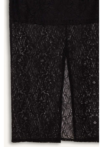 Sorbe x DeFacto Fermuarlı Dantel Kumaş Basic Düz Yırtmaçlı Midi Siyah Kalem Etek E0922Ax24AU