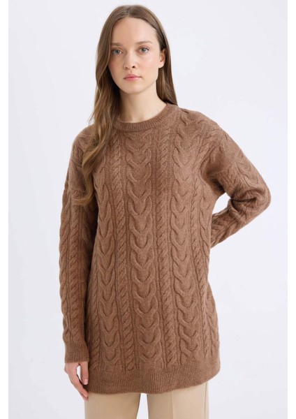 Regular Fit Bisiklet Yaka Saç Örgü Desenli Triko Kazak Tunik B4284AX24WN