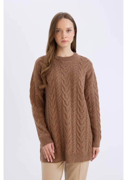 Regular Fit Bisiklet Yaka Saç Örgü Desenli Triko Kazak Tunik B4284AX24WN