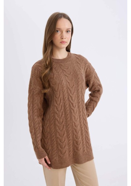 Regular Fit Bisiklet Yaka Saç Örgü Desenli Triko Kazak Tunik B4284AX24WN