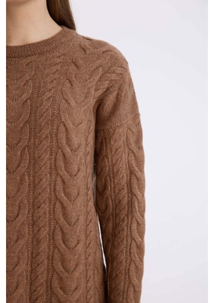 Regular Fit Bisiklet Yaka Saç Örgü Desenli Triko Kazak Tunik B4284AX24WN