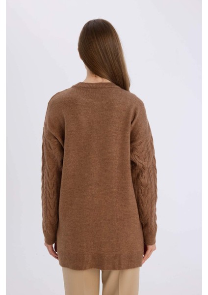 Regular Fit Bisiklet Yaka Saç Örgü Desenli Triko Kazak Tunik B4284AX24WN