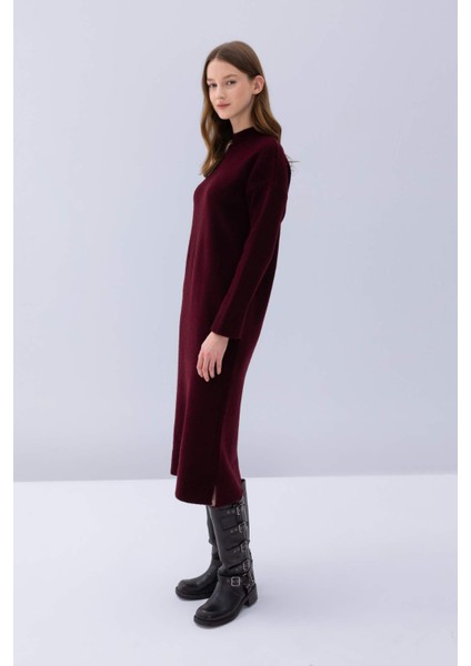 Relax Fit Yarım Balıkçı Yaka Midi Triko Bordo Elbise D8596AX24WN