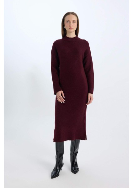 Relax Fit Yarım Balıkçı Yaka Midi Triko Bordo Elbise D8596AX24WN