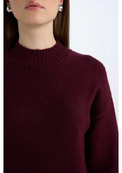 Relax Fit Yarım Balıkçı Yaka Midi Triko Bordo Elbise D8596AX24WN