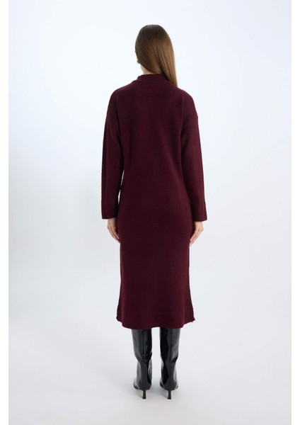 Relax Fit Yarım Balıkçı Yaka Midi Triko Bordo Elbise D8596AX24WN
