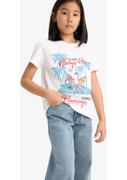 Kız Çocuk Bisiklet Yaka Baskılı Kısa Kollu Tişört E0383A825SM