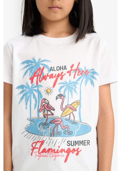 Kız Çocuk Bisiklet Yaka Baskılı Kısa Kollu Tişört E0383A825SM