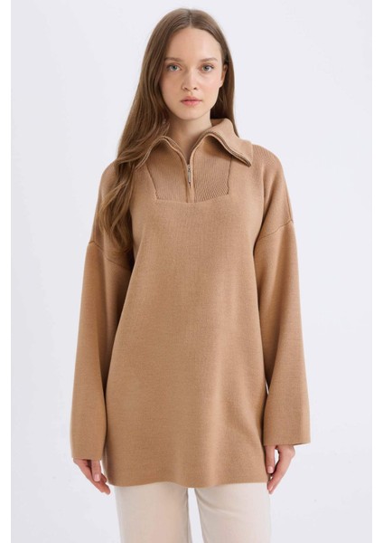 Regular Fit Fermuarlı Dik Yaka Triko Kazak Tunik B0191AX24WN