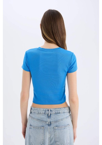 Fitted Bisiklet Yaka Ribana Kısa Kollu Tişört E0288AX25SM