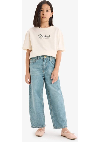 Kız Çocuk Oversize Geniş Kalıp Bisiklet Yaka Sırt Baskılı Kısa Kollu Tişört E0367A825SM