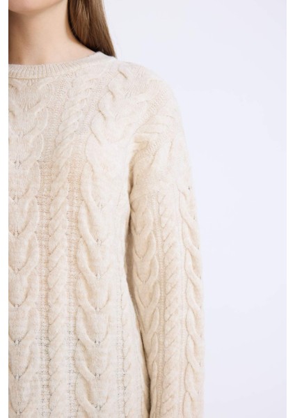 Regular Fit Bisiklet Yaka Saç Örgü Desenli Triko Kazak Tunik B4284AX24WN