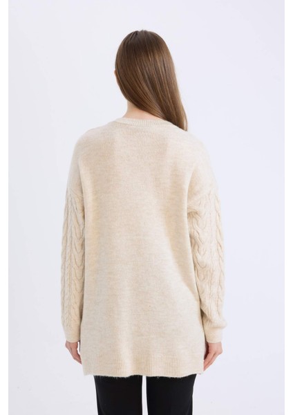 Regular Fit Bisiklet Yaka Saç Örgü Desenli Triko Kazak Tunik B4284AX24WN