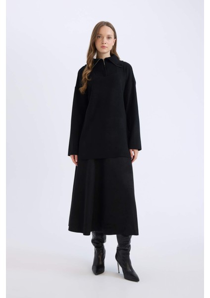 Regular Fit Fermuarlı Dik Yaka Triko Kazak Tunik B0191AX24WN