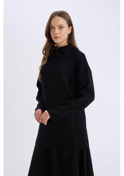 Regular Fit Fermuarlı Dik Yaka Triko Kazak Tunik B0191AX24WN