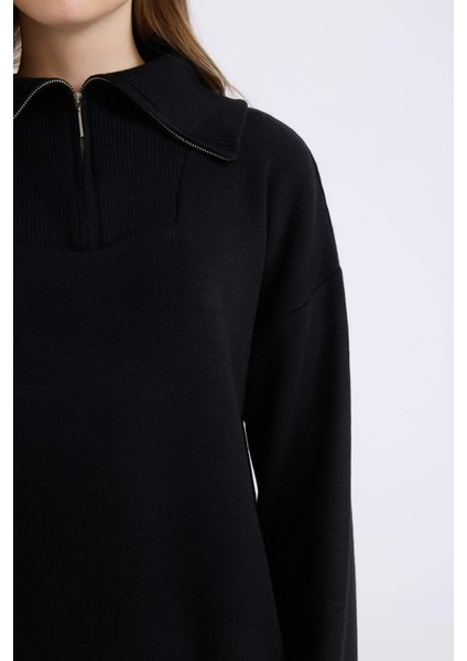 Regular Fit Fermuarlı Dik Yaka Triko Kazak Tunik B0191AX24WN