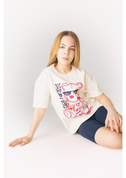 Kız Çocuk Relax Fit Baskılı Bisiklet Yaka Kısa Kollu Tişört E0389A825SM