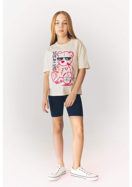 Kız Çocuk Relax Fit Baskılı Bisiklet Yaka Kısa Kollu Tişört E0389A825SM