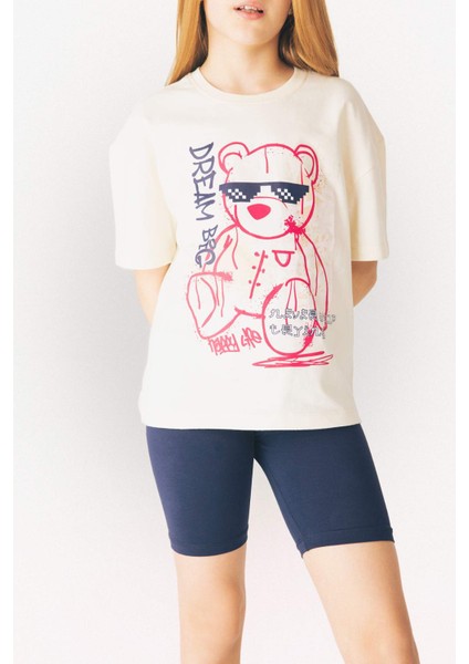 Kız Çocuk Relax Fit Baskılı Bisiklet Yaka Kısa Kollu Tişört E0389A825SM