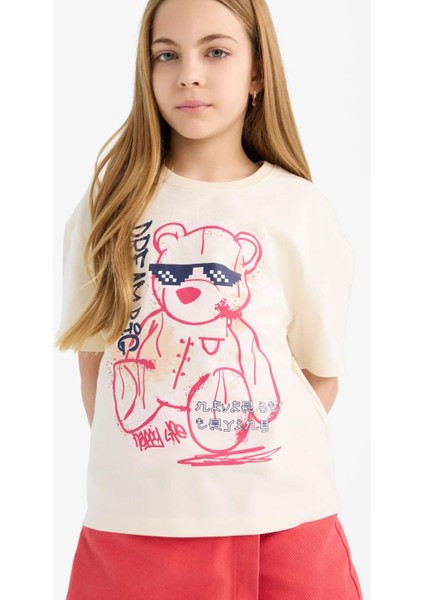 Kız Çocuk Relax Fit Baskılı Bisiklet Yaka Kısa Kollu Tişört E0389A825SM