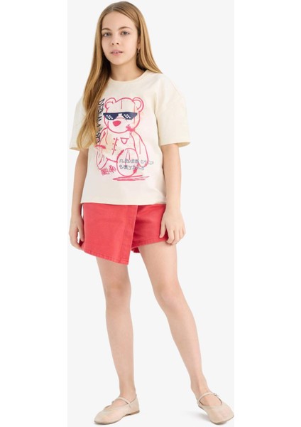 Kız Çocuk Relax Fit Baskılı Bisiklet Yaka Kısa Kollu Tişört E0389A825SM