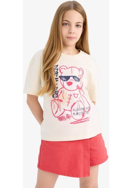 Kız Çocuk Relax Fit Baskılı Bisiklet Yaka Kısa Kollu Tişört E0389A825SM