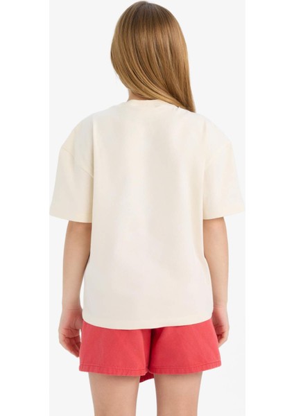 Kız Çocuk Relax Fit Baskılı Bisiklet Yaka Kısa Kollu Tişört E0389A825SM