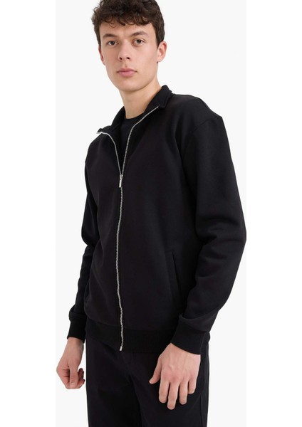 Comfort Regular Fit Rahat Kalıp Dik Yaka Cepli Basic Düz Fermuarlı Sweatshirt A5276AX25SP