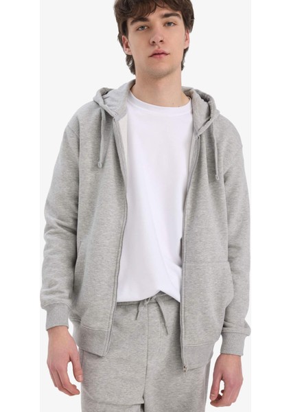Comfort Fit Kapüşonlu İçi Yumuşak Tüylü Basic Düz Kalın Fermuarlı Sweatshirt D7599AX25SP
