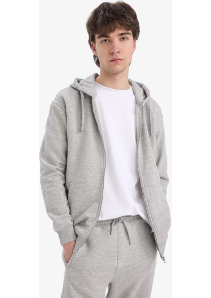 Comfort Fit Kapüşonlu İçi Yumuşak Tüylü Basic Düz Kalın Fermuarlı Sweatshirt D7599AX25SP