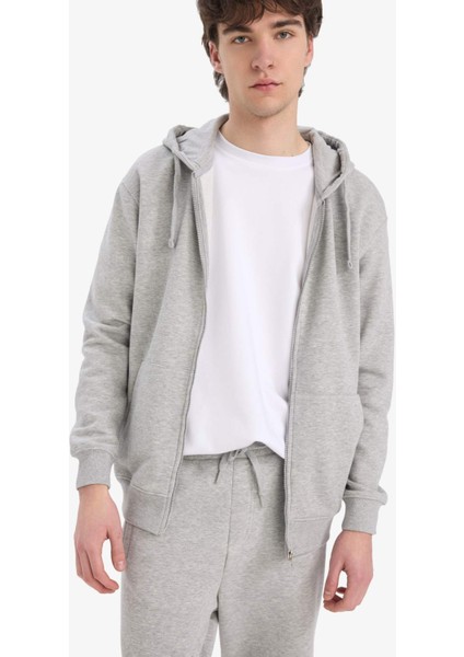 Comfort Fit Kapüşonlu İçi Yumuşak Tüylü Basic Düz Kalın Fermuarlı Sweatshirt D7599AX25SP