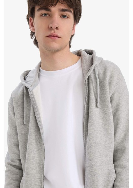 Comfort Fit Kapüşonlu İçi Yumuşak Tüylü Basic Düz Kalın Fermuarlı Sweatshirt D7599AX25SP