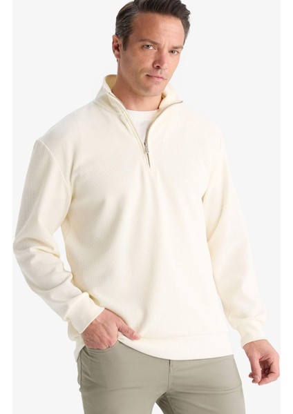 Comfort Fit Dik Yaka Dokulu Yarım Fermuarlı Waffle Sweatshirt D7543AX25SP