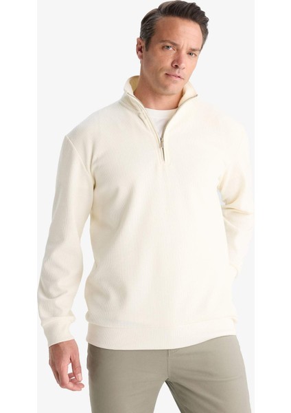 Comfort Fit Dik Yaka Dokulu Yarım Fermuarlı Waffle Sweatshirt D7543AX25SP