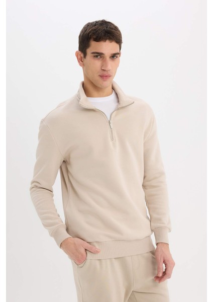 Comfort Regular Fit Rahat Kalıp Fermuarlı Dik Yaka Basic Düz Sweatshirt X7405AZ25SP