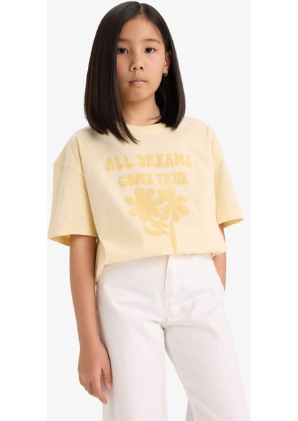 Kız Çocuk Oversize Geniş Kalıp Bisiklet Yaka Baskılı Kısa Kollu Tişört E0392A825SM