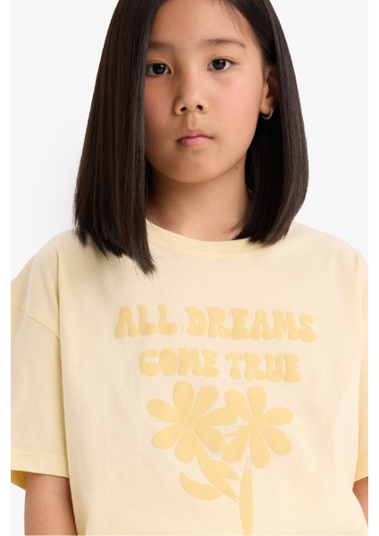 Kız Çocuk Oversize Geniş Kalıp Bisiklet Yaka Baskılı Kısa Kollu Tişört E0392A825SM