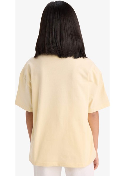 Kız Çocuk Oversize Geniş Kalıp Bisiklet Yaka Baskılı Kısa Kollu Tişört E0392A825SM