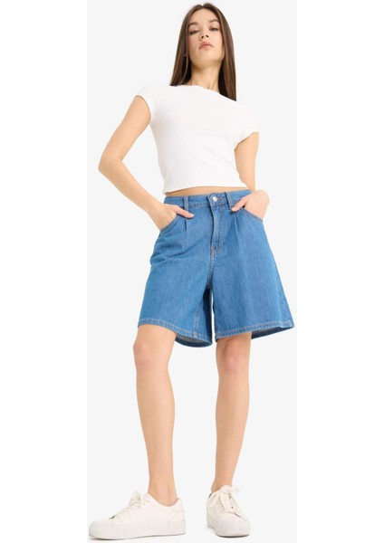 Yüksek Bel Düz Paça Yumuşak Jean Bermuda E0961AX25SM