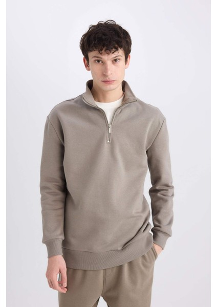 Comfort Regular Fit Rahat Kalıp Fermuarlı Dik Yaka Basic Düz Sweatshirt X7405AZ25SP