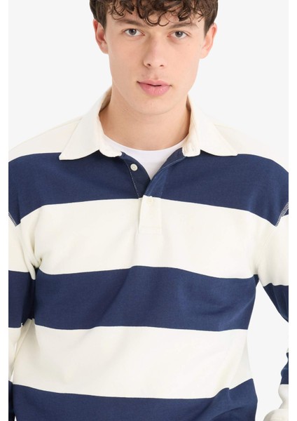 Relax Fit Polo Yaka Çizgili Kalın Sweatshirt D7478AX25SP