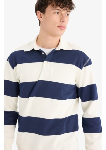 Relax Fit Polo Yaka Çizgili Kalın Sweatshirt D7478AX25SP