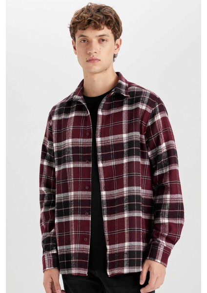 Regular Fit Polo Yaka Kareli Flanel Uzun Kollu Gömlek E0989AX24WN