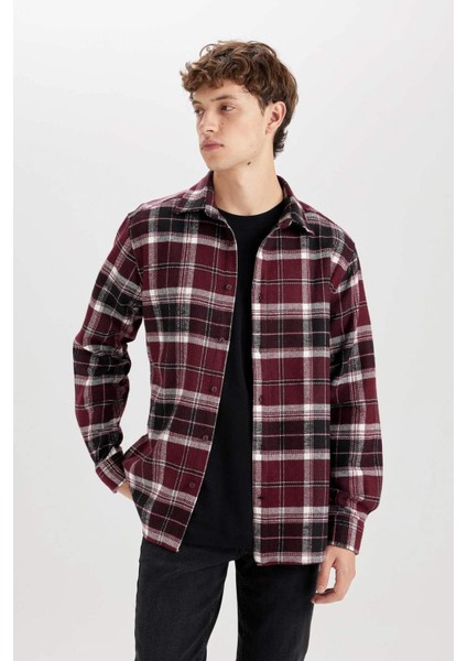 Regular Fit Polo Yaka Kareli Flanel Uzun Kollu Gömlek E0989AX24WN