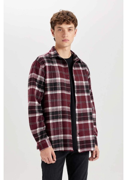 Regular Fit Polo Yaka Kareli Flanel Uzun Kollu Gömlek E0989AX24WN