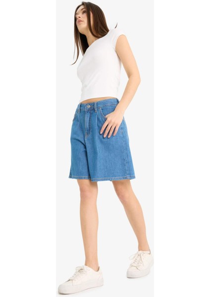 Yüksek Bel Düz Paça Yumuşak Jean Bermuda E0961AX25SM