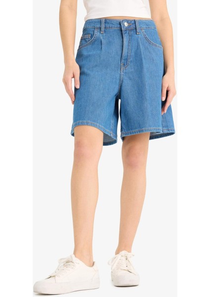 Yüksek Bel Düz Paça Yumuşak Jean Bermuda E0961AX25SM