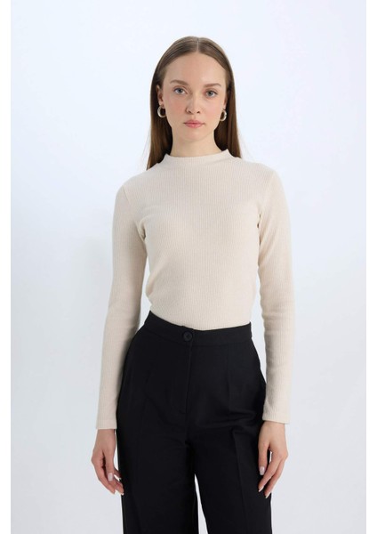Regular Fit Basic Düz Fitilli Kaşkorse Uzun Kollu Tişört E0296AX24WN